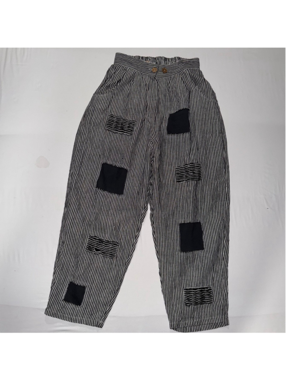 Paper Lace Small Women NWT Stripe 100% Linen Patchwork Crop Pants Lagenlook Art - Picture 1 of 12